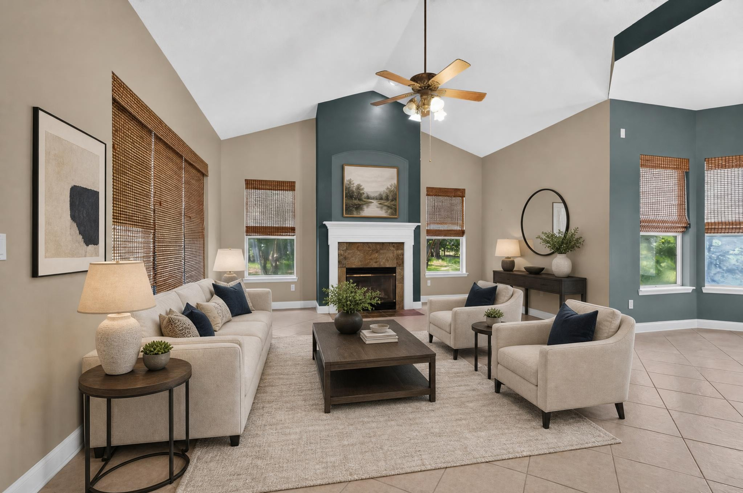 Virtually staged family room with fireplace