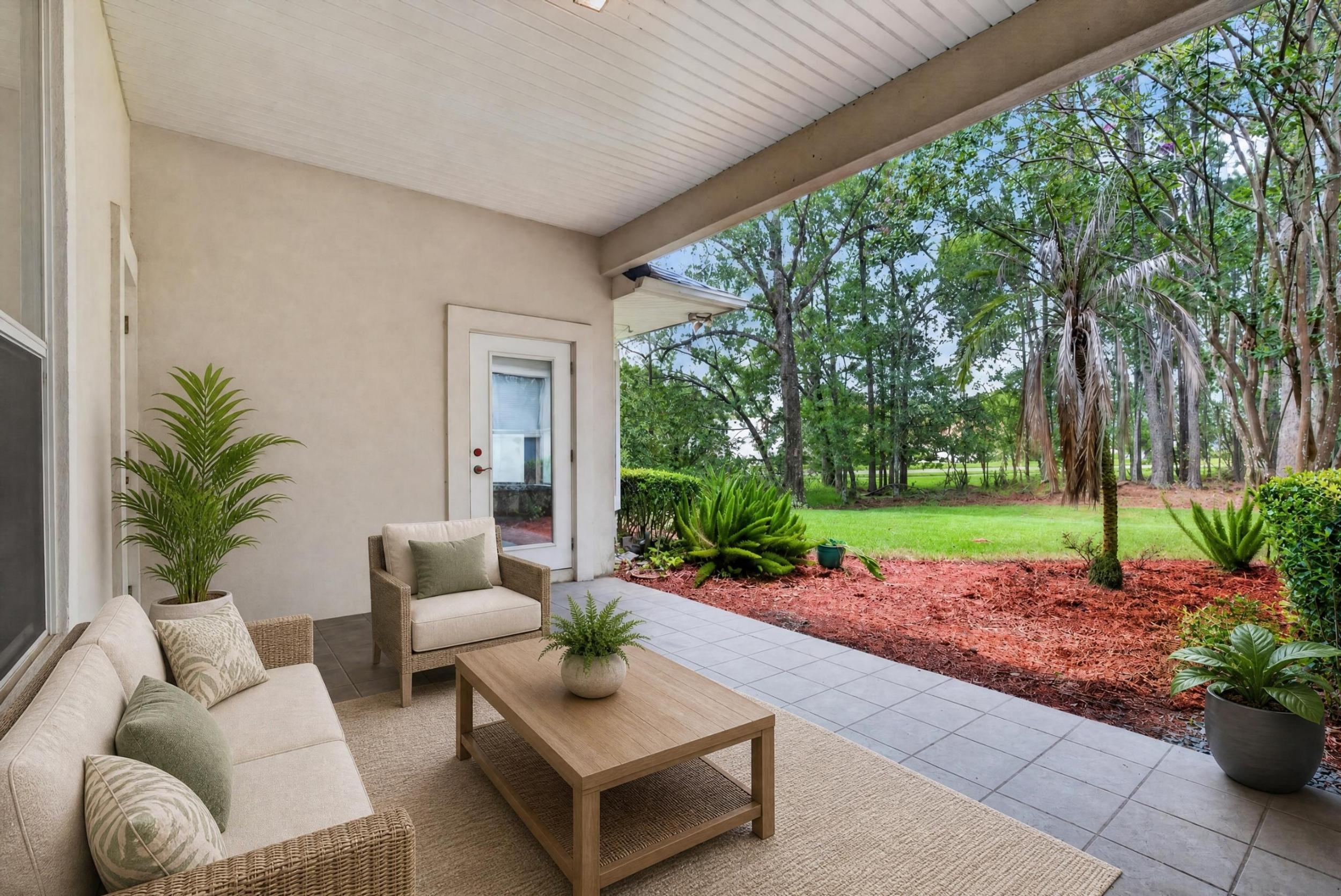 Virtually staged covered rear porch