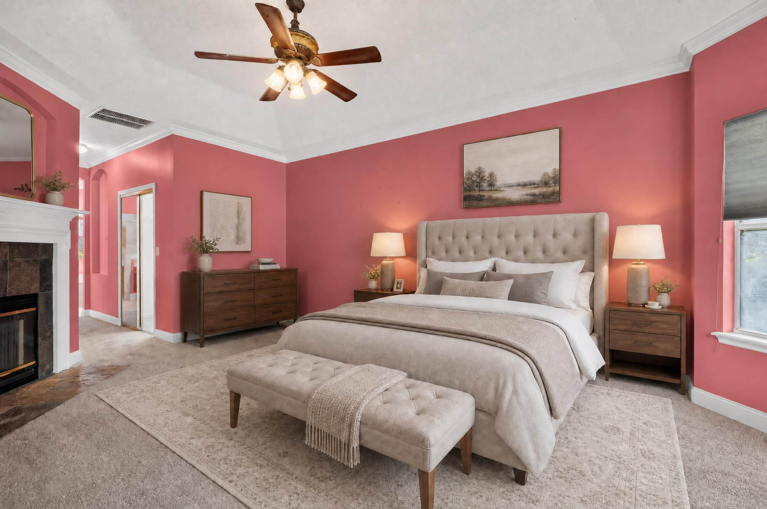 Virtually staged primary bedroom with fireplace